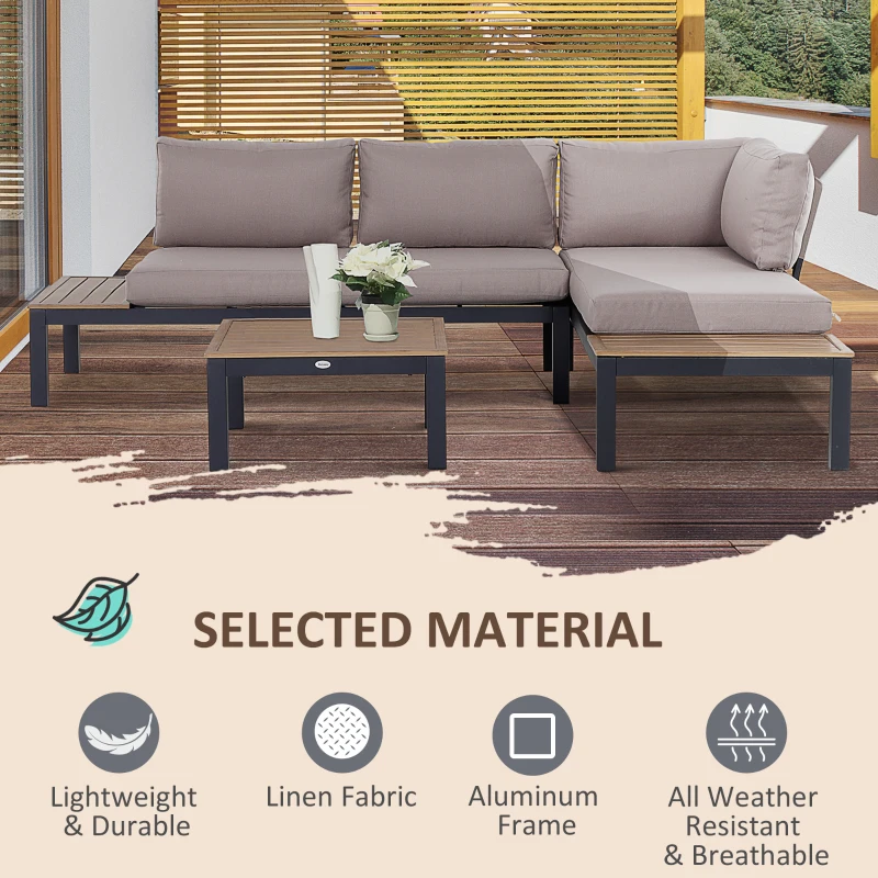 Best 3 Pieces Garden Furniture Set, Aluminium 4 Seater Corner Sofa Set with 2 Loveseats, Coffee Table and Side Trays, Outdoor Conversation Furniture with Cushions for Garden, Black - Image 7