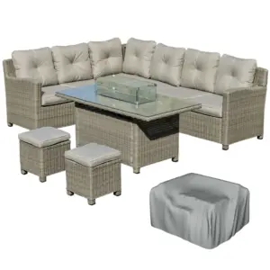 Best 8-Seater Outdoor PE Rattan Sofa Set Conversation Set w/ Fire Pit Table, L-Shape Sofa, Footstool and Furniture Cover