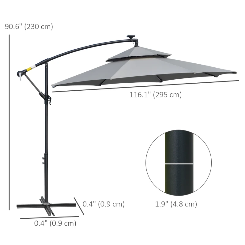Best 3(m) Cantilever Banana Parasol Hanging Umbrella with Double Roof, LED Solar lights, Crank, 8 Sturdy Ribs and Cross Base for Outdoor, Garden, Patio, Light Grey - Image 3