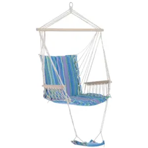 Best Hanging Rope Chair with Soft Padded Seat & Backrest, Portable Garden Hammoc Chair with Wooden Support Bar, Armrests, Cotton Cloth, Footrest, for Patio & Tree, Blue