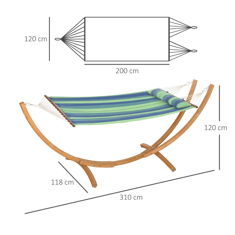 Best Outdoor Hammock with Stand, Garden Hammock with Triple-Head Eucalyptus Wood Arc Frame, 1 Person Cotton Bed and Head Pillow, Freestanding Garden Swing Bed for Patio, Blue Stripe - Image 3