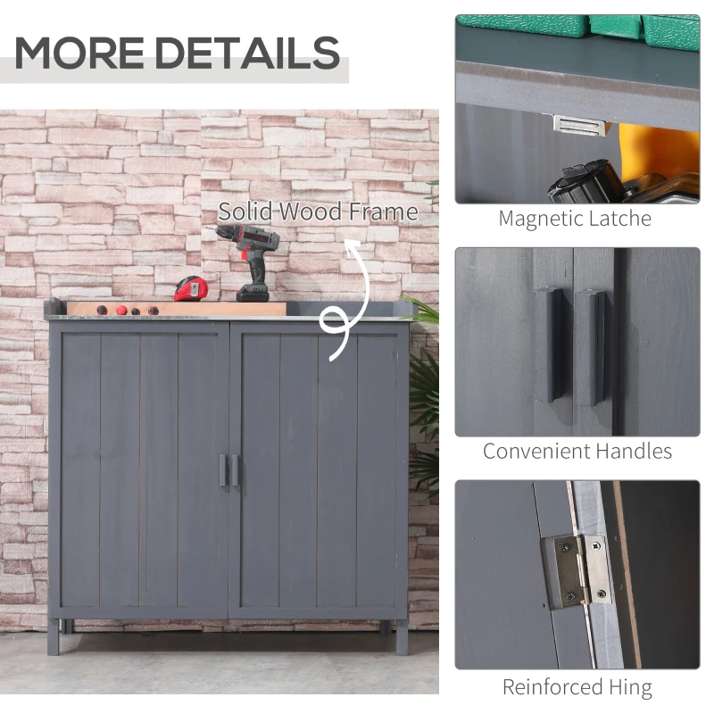 Best Garden Storage Cabinet, Outdoor Tool Shed, Potting Bench Table with Galvanized Top and Two Shelves for Yard Tools or Pool Accessories, Grey - Image 6