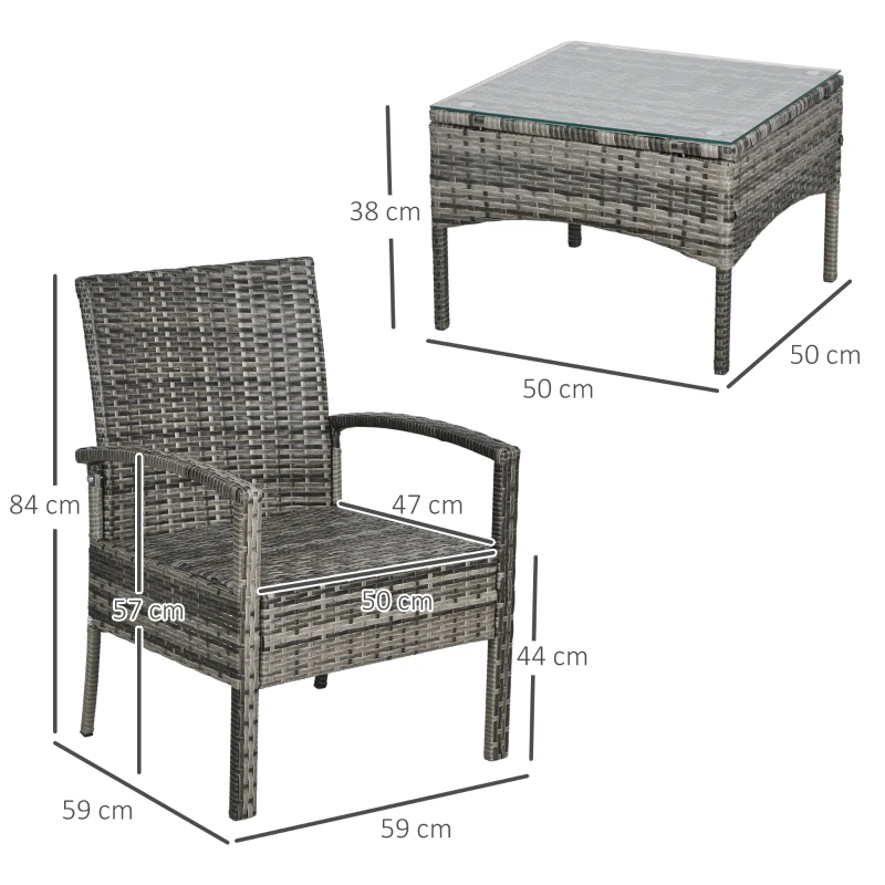 Best 3 Pieces Rattan Bistro Set, Wicker Garden Furniture Set with Glass Top Coffee Table and Chairs, Washable Cushions for Outdoor, Patio, Balcony, Mixed Grey - Image 3