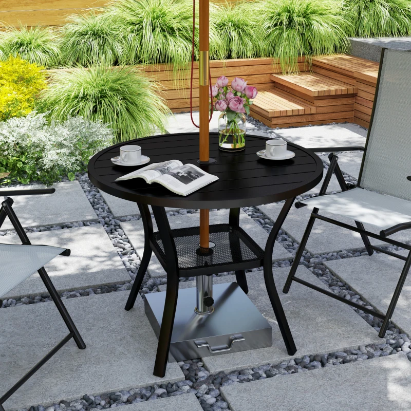 Best 90 cm Garden Dining Table with 4-5 cm Parasol Hole, Round Outdoor Dining Table, Steel Garden Table with Slatted Metal Top and Wire Shelf for Balcony, Porch, Black - Image 2