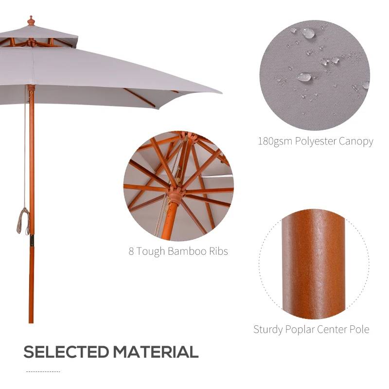 Best 3 x 3 (m) Garden Parasol Umbrella, Large Square Outdoor Patio Sunshade Canopy with Double Tier, 48 mm Wooden Pole, 8 Ribs for Balcony, Grey - Image 4