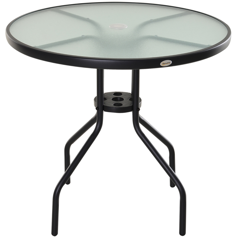 Best Bistro Table Outdoor Round Dining Coffee Table with Parasol Hole, Tempered Glass Top Side Table Patio Garden - 80cm Diameter - Image 11