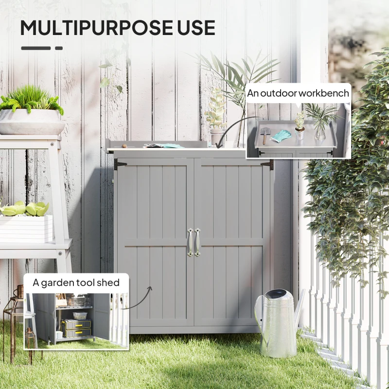 Best Wooden Garden Shed, Garden Tool Storage Shed with Hinged Roof and Shelf, Outdoor Storage Cabinet with Double Doors, Grey - Image 4