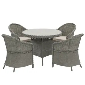 Best 4 Seater Rattan Garden Furniture Set with Cushions, Round PE Rattan Dining Set with Glass-Top Table, Umbrella Hole, Outdoor Garden Table and Chairs, Grey