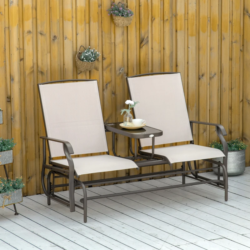 Best 2 Seats Garden Glider Bench, Metal Frame Loveseat with Glass Top Centre Table, Porch Rocking Glider for 2 Person, for Deck, Patio, Brown/ Khaki - Image 2