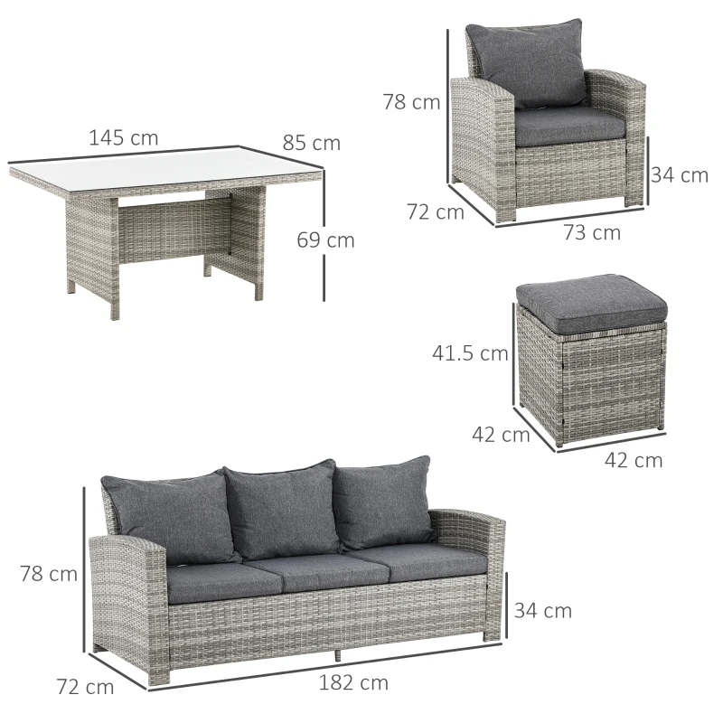 Best 6 Pieces PE Rattan Garden Furniture Set with Three-seat, Armchairs and Footstools, Aluminium Patio Wicker Dining Sets w/ Glass Top Dining Table, Soft Cushion, Light Grey - Image 3