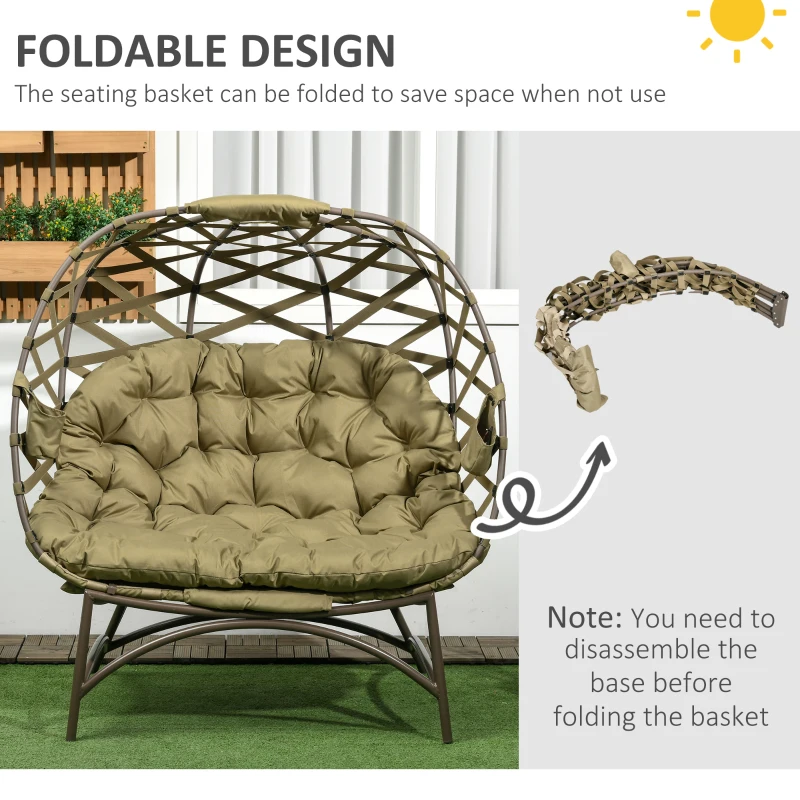Best 2 Seater Egg Chair Outdoor, Folding Weave Garden Furniture Chair with Cushion, Cup Pockets - Khaki - Image 6