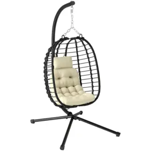 Best Rattan Hanging Egg Chair, Foldable Wicker Hammock Swing Chair with Cushion, Stand, Adjustable Height, Head Pillow, Steel Frame for Garden Patio Indoor Outdoor, Cream White