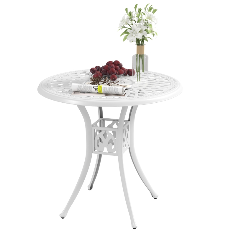 Best 78 cm Round Garden Dining Table with Parasol Hole Antique Cast Aluminium Outdoor Table Only, White - Image 11