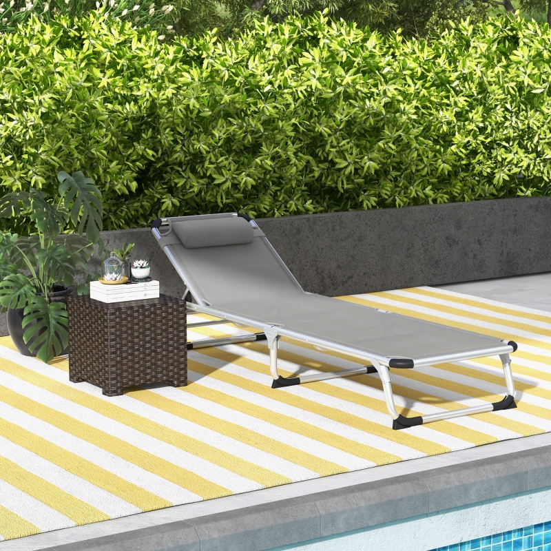 Best Foldable Reclining Sun Lounger Lounge Chair Camping Bed Cot w/ Pillow 4-Level Adjustable Back Aluminium Frame Grey - Image 10