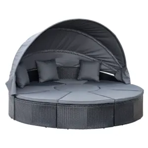 Best 4 Pieces PE Rattan Garden Daybed Set, Outdoor Wicker Cushioned Round Sofa Bed Conversation Furniture with Coffee Table & Canopy, Black