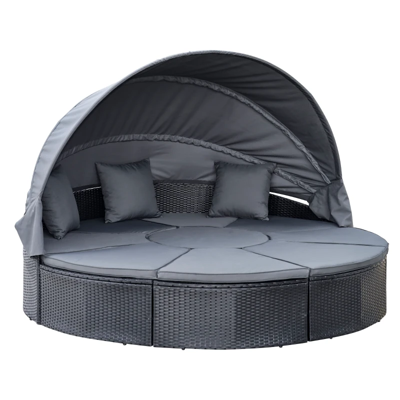 Best 4 Pieces PE Rattan Garden Daybed Set, Outdoor Wicker Cushioned Round Sofa Bed Conversation Furniture with Coffee Table & Canopy, Black