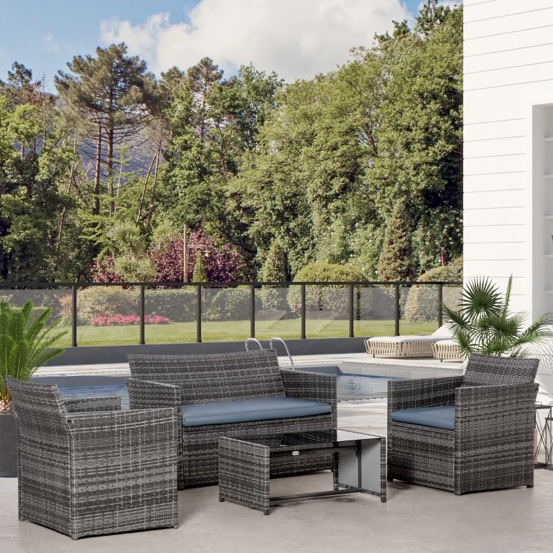 Best 4 Pieces PE Rattan Garden Sofa Set with Cushions, Outdoor Patio Wicker Weave Conservatory Furniture Set with a Loveseat, 2 Armchairs and a Glass Top Coffee Table, Grey - Image 2