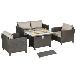 Best 5-Piece Rattan Patio Furniture Set with Gas Fire Pit Table, Loveseat Sofa, Armchairs, Cushions, Pillows, Dark Brown