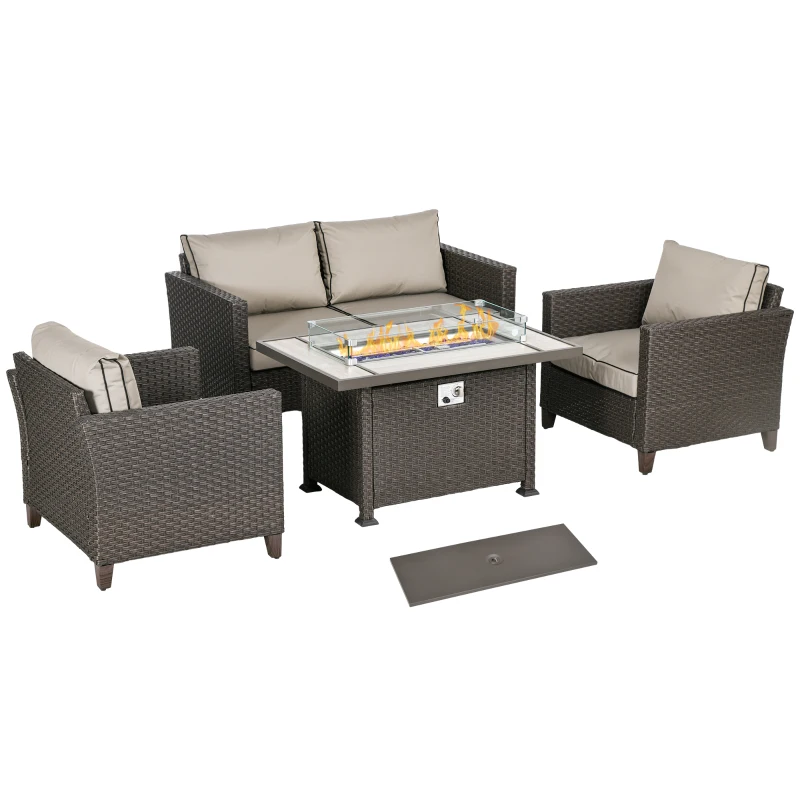 Best 5-Piece Rattan Patio Furniture Set with Gas Fire Pit Table, Loveseat Sofa, Armchairs, Cushions, Pillows, Dark Brown