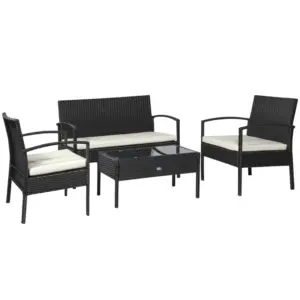 Best 4 Pieces Rattan Garden Furniture Set, 4 Seater Garden Sofa Set with Loveseat, Armchairs and Glass Top Table, Wicker Conservatory Furniture with Cushions for Patio, Balcony, Black
