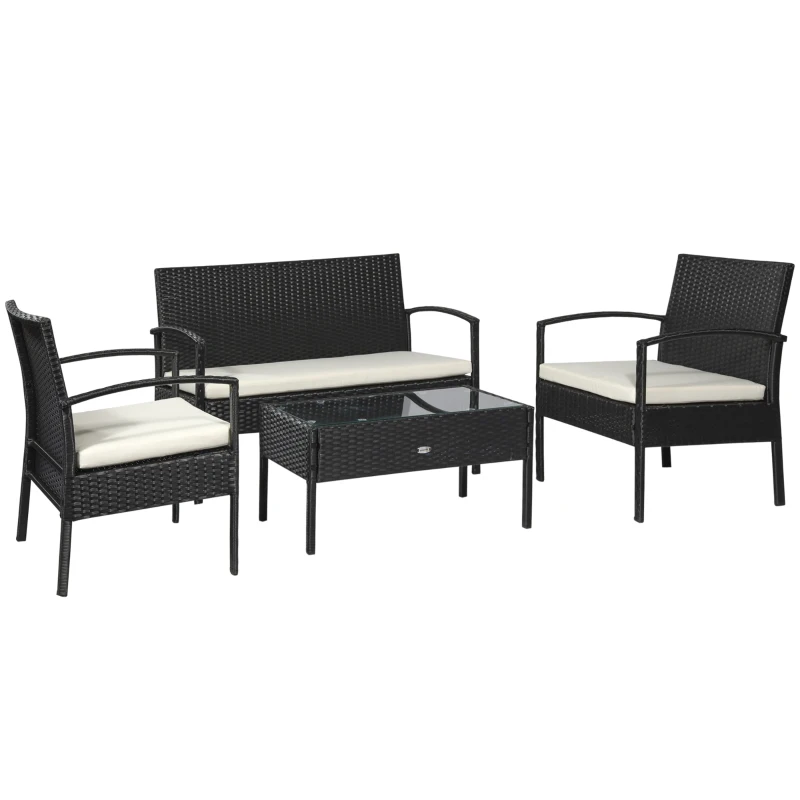 Best 4 Pieces Rattan Garden Furniture Set, 4 Seater Garden Sofa Set with Loveseat, Armchairs and Glass Top Table, Wicker Conservatory Furniture with Cushions for Patio, Balcony, Black