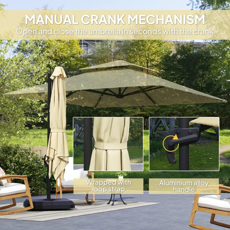 Best 2.7 x 2.7(m) Cantilever Parasol with Aluminium Frame, Crank and Tilt, 360° Rotation, Double Top Garden Umbrella with Base and Cover, Khaki - Image 7
