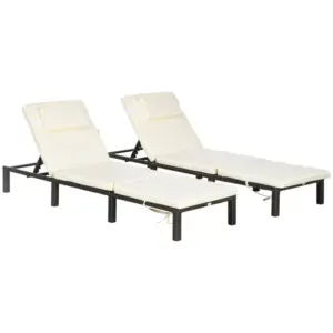 Best Set of Two Reclining Rattan Sun Loungers, with Cushions - Brown/Cream