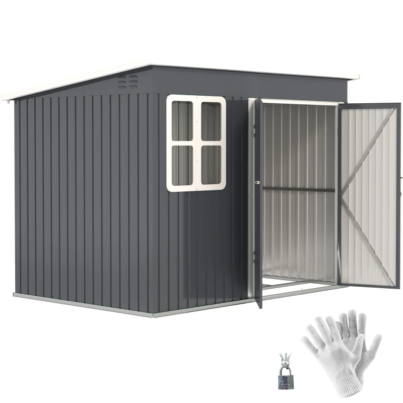 Best 8.5 x 6ft Storage Shed Galvanised Steel Garden Shed, Metal Shed with Foundation Kit, Window, Lockable Wide Doors and Air Vents for Outdoor Patio, Dark Grey