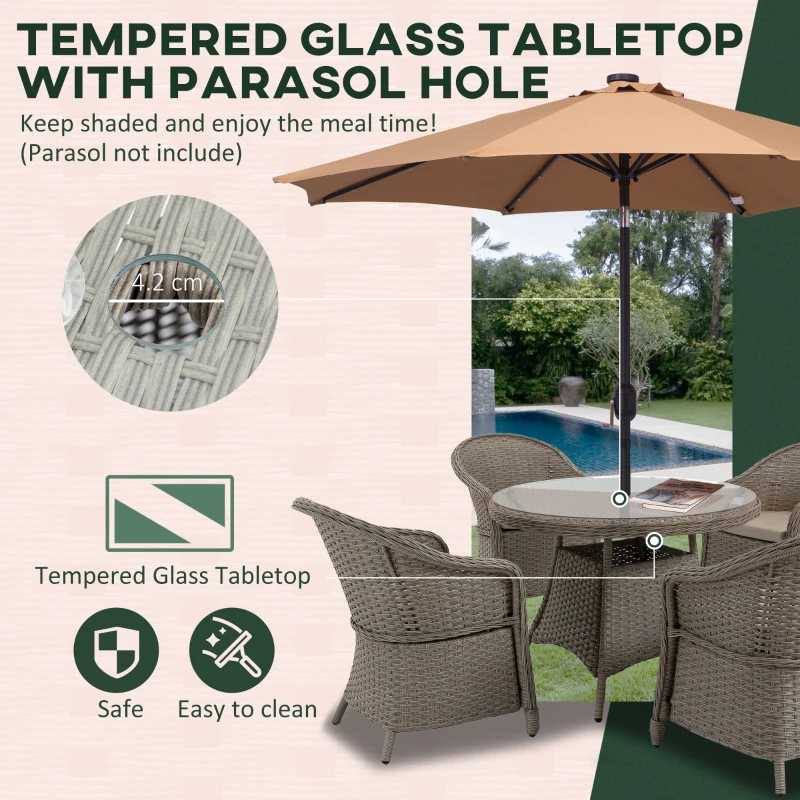 Best 4 Seater Rattan Garden Furniture Set with Cushions, Round PE Rattan Dining Set with Glass-Top Table, Umbrella Hole, Outdoor Garden Table and Chairs, Mixed Grey - Image 6