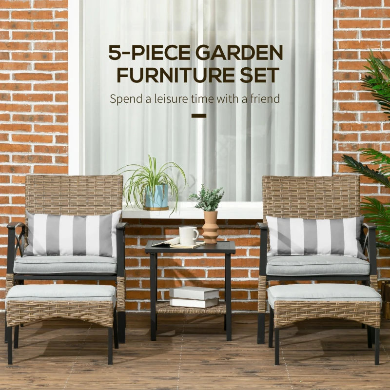 Best 5 Piece PE Rattan Garden Furniture Set, 2 Armchairs,2 Stools, Steel Tabletop with Wicker Shelf, Padded Outdoor Seating, Grey - Image 4