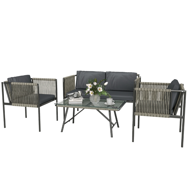 Best 4 Piece Rattan Garden Furniture Set, 4 Seater Wicker Outdoor Furniture Set with 2 Armchairs, Loveseat, Glass Top Coffee Table and Cushions for Balcony, Porch, Grey - Image 11