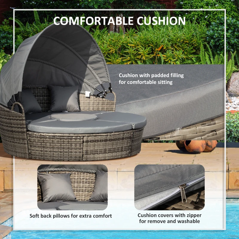 Best Outdoor PE Rattan Garden Furniture with Cushioned, Patio Wicker Conversation Furniture Set, Round Daybed with Retractable Canopy, Coffee Table and Three Pillows, Dark Grey - Image 6