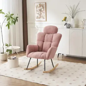 Upholstered Tufted Teddy Fabric Rocking Chair with Headrest and Backrest, Wooden Frame, Painted Metal Base, 102L x 70W x 105H cm, Pink