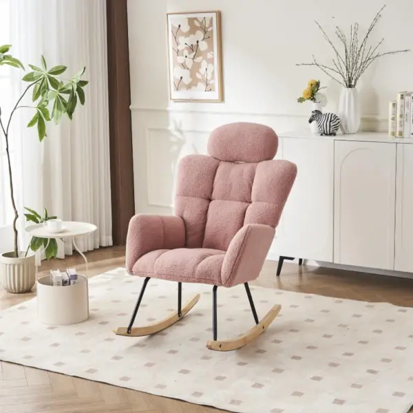 Upholstered Tufted Teddy Fabric Rocking Chair with Headrest and Backrest, Wooden Frame, Painted Metal Base, 102L x 70W x 105H cm, Pink
