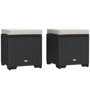 Best Set of 2 Rattan Storage Ottoman, Outdoor Footstool with Removable Cushions, Garden Storage Seat for Balcony, Poolside, Living Room, Cream