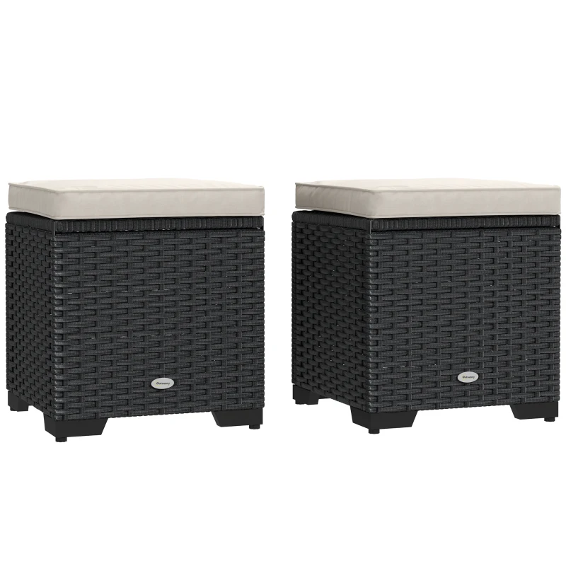 Best Set of 2 Rattan Storage Ottoman, Outdoor Footstool with Removable Cushions, Garden Storage Seat for Balcony, Poolside, Living Room, Cream