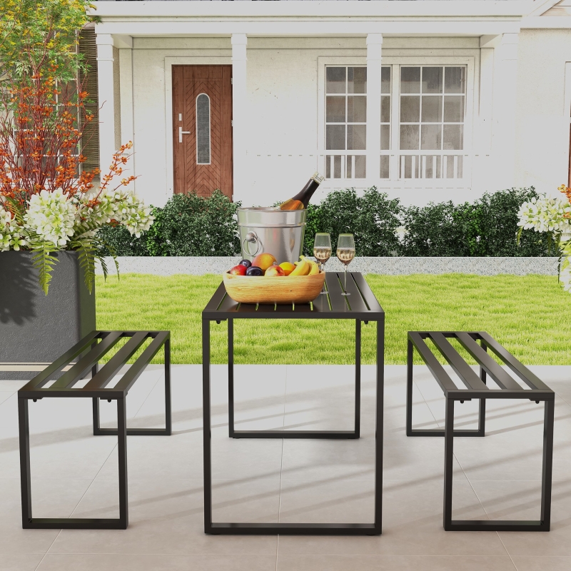 Best 3 Pieces Picnic Bench Set with Table and 2 Benches, Slated Design Dining Trestle Beer Table and Seat, Black - Image 10