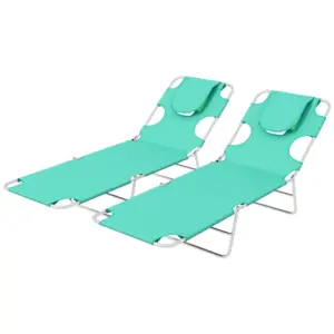 Best Foldable Sun Lounger Set of 2 with Reading Hole, Portable Sun Lounger with 5 Level Adjustable Backrest, Reclining Lounge Chair with Side Pocket, Headrest Pillow, Green