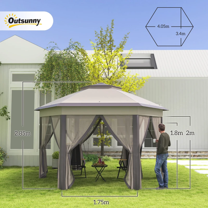 Best 3 x 4m Garden Gazebo Hexagon Pop Up Gazebo Party Tent Canopy Double Roof Instant Shelter with Netting and Carry Bag for Outdoor Patio, Beige - Image 3