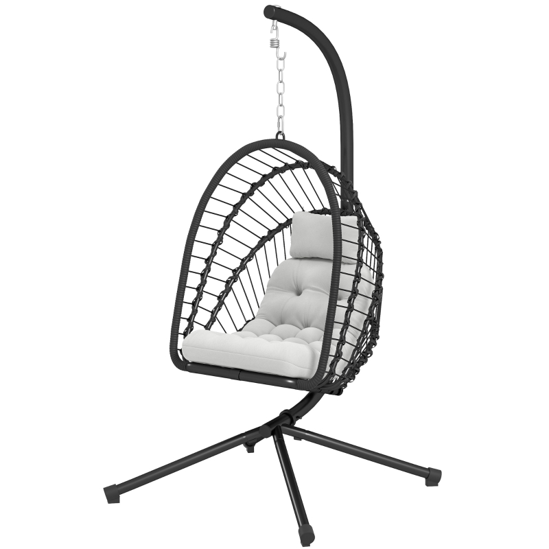 Best Outdoor PE Rattan Swing Chair with Foldable Basket and Cushion, Garden Patio Hanging Egg Chair with Metal Stand, Headrest for Indoor and Outdoor, Black - Image 11