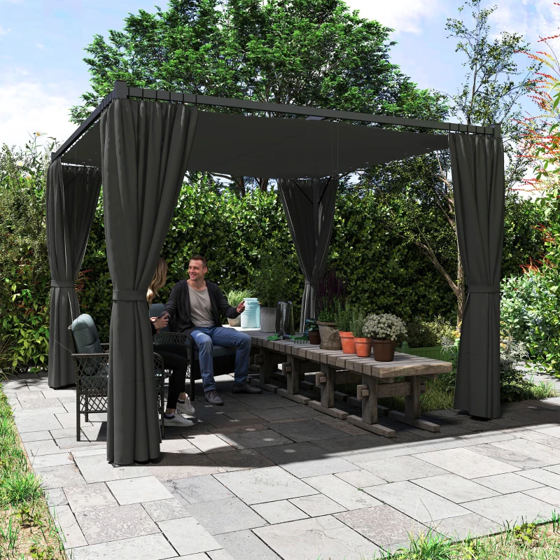 Best 3 x 3(m) Retractable Pergola, Garden Gazebo Shelter with Curtains, for Grill, Patio, Deck, Charcoal Grey - Image 7