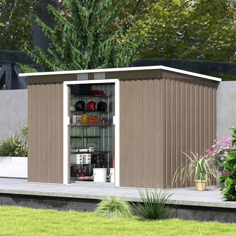 Best 9ft x 4ft Metal Garden Shed, Outdoor Tool House with Foundation Kit, Ventilations and Double Doors, Light Grey Wood Grain - Image 10