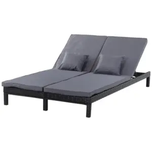 Best 2 Seater Rattan Lounger Adjustable Double Chaise Chair Loveseat w/ Cushion Black