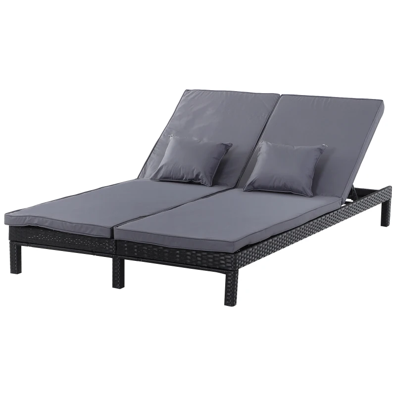 Best 2 Seater Rattan Lounger Adjustable Double Chaise Chair Loveseat w/ Cushion Black