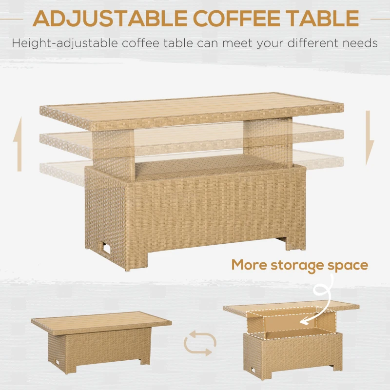 Best 4 PCS Outdoor PE Rattan Sofa Set, Patio Twin Wicker Aluminium Frame Conversation Furniture w/ Adjustable Wood Grain Plastic Table-top Table & Thick Cushion for Garden, Backyard, Lawn, Khaki - Image 6