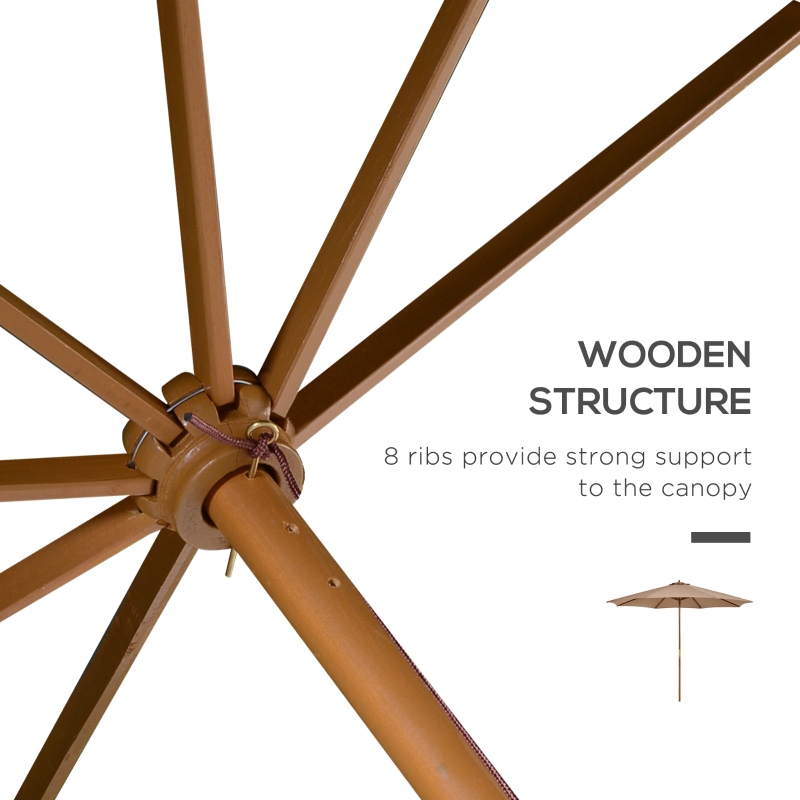 Best 3(m) Garden Umbrella Wooden Parasol 8 Ribs Bamboo Sun Shade Patio Outdoor Umbrella Canopy Khaki - Image 9