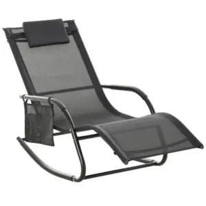 Best Outdoor Garden Rocking Chair, Patio Sun Lounger Rocker Chair with Breathable Mesh Fabric, Removable Headrest Pillow, Armrest, Side Storage Bag, Black