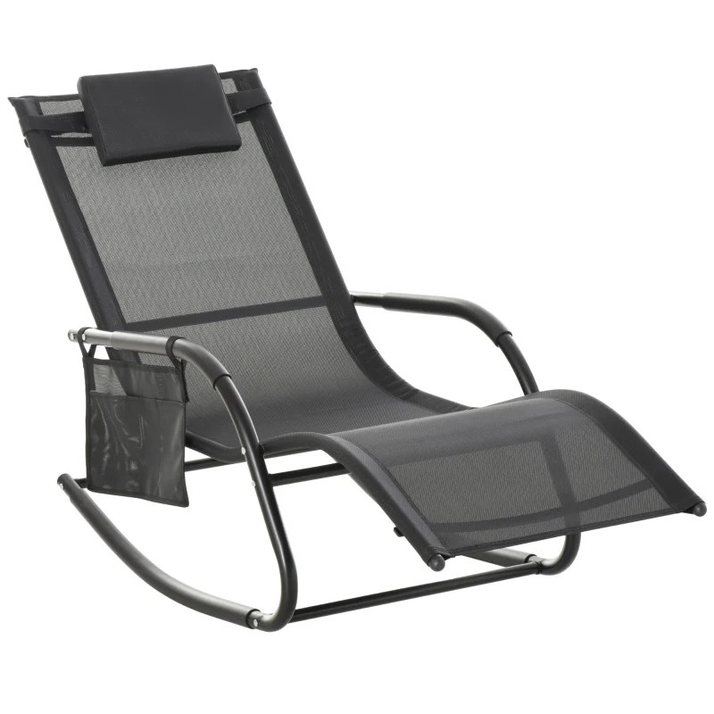 Best Outdoor Garden Rocking Chair, Patio Sun Lounger Rocker Chair with Breathable Mesh Fabric, Removable Headrest Pillow, Armrest, Side Storage Bag, Black
