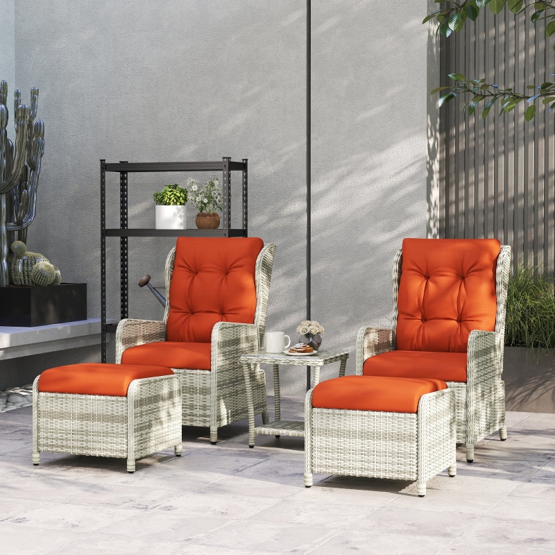 Best 5 Pieces Rattan Bistro Set with Adjustable Back, Reclining Wicker Balcony Furniture with Cushions, Glass Top Coffee Table and Footstools, Outdoor Table and Chairs, Orange - Image 10