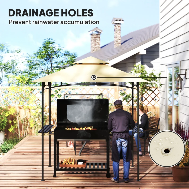 Best 8' x 5' Grill Gazebo, Double Tiered BBQ Gazebo Shelter Canopy with LED Lights, 2 Side Shelves, Hooks, Beige - Image 5